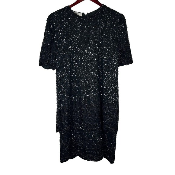 Lillie Rubin size Large Black Beaded Evening Cocktail Dress Women's 100% Silk - Picture 1 of 6